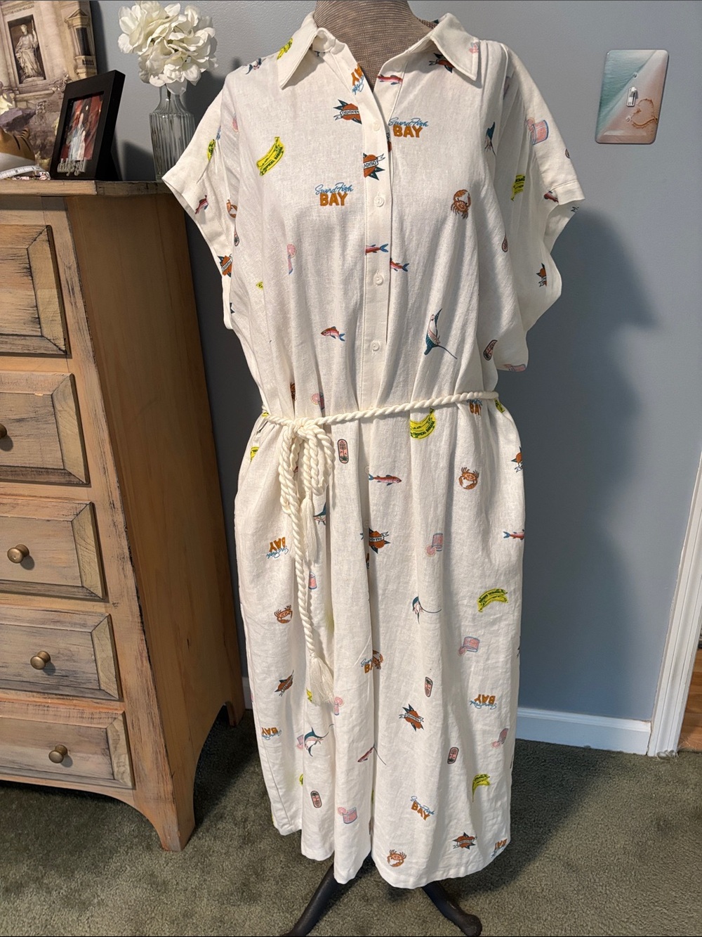 Rachel Zoe Cream Linen Tropical Print Full Length Maxi Shirt Dress